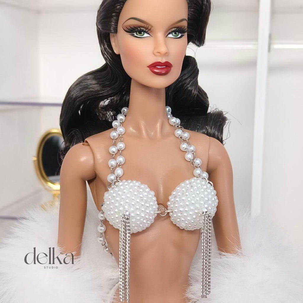 Cabaret Bra Top for 12 inch Fashion Dolls, Pearl & Chain Detail