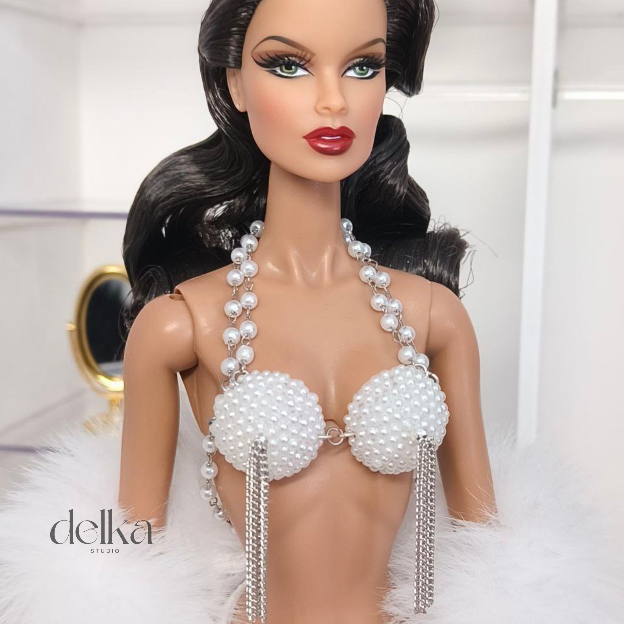 Cabaret Bra Top for 12 inch Fashion Dolls, Pearl & Chain Detail
