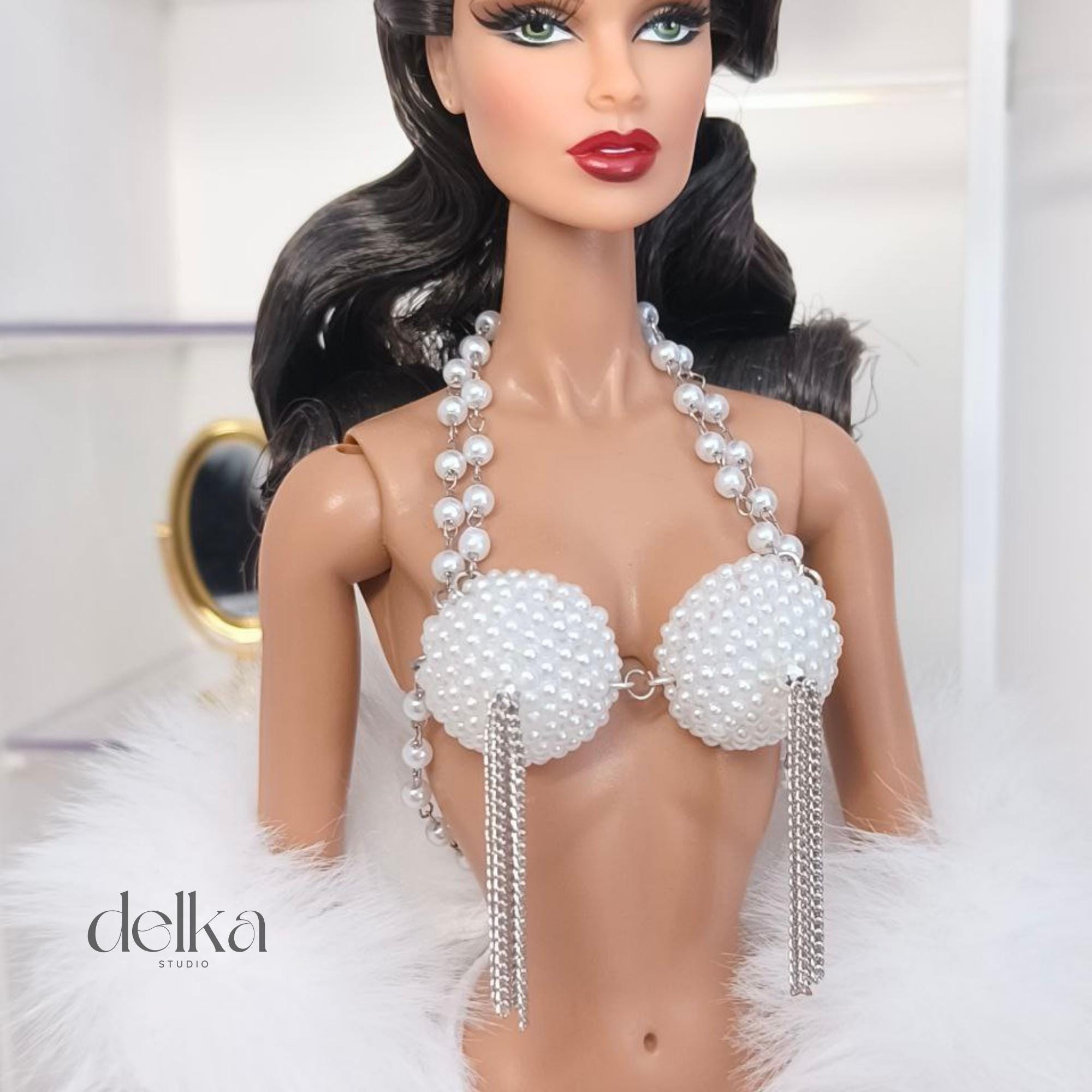Cabaret Bra Top for 12 inch Fashion Dolls, Pearl & Chain Detail