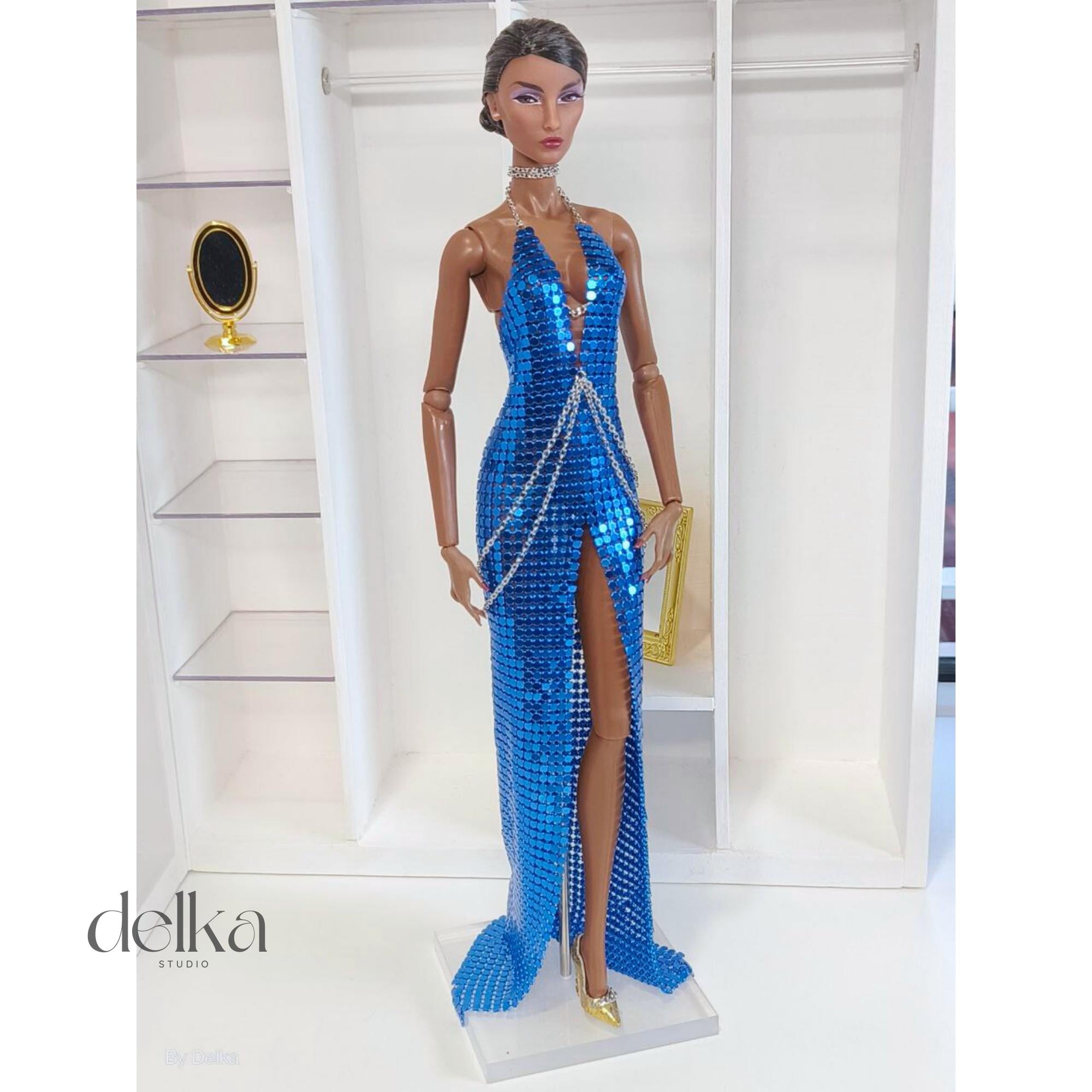 Blue Metal Mesh Dress for 12 inch Fashion Dolls, Gift for Collectors