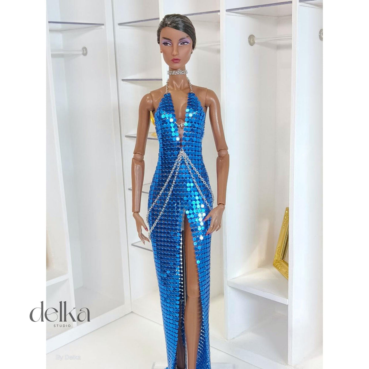 Blue Metal Mesh Dress for 12 inch Fashion Dolls, Gift for Collectors
