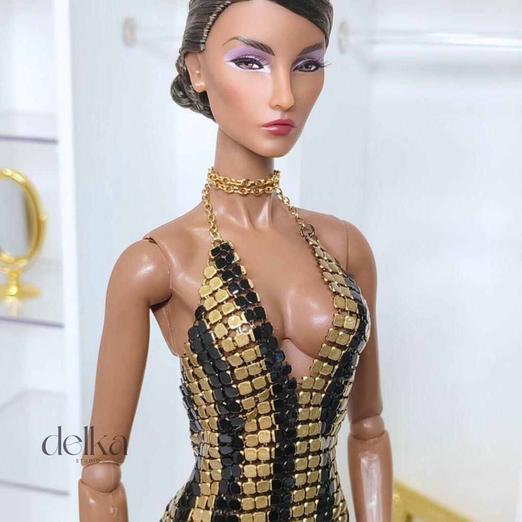 12 inch metallic black and gold dress for Fashion Royalty dolls, 1:6 scale mesh dress for fashion dolls, gift for doll collector