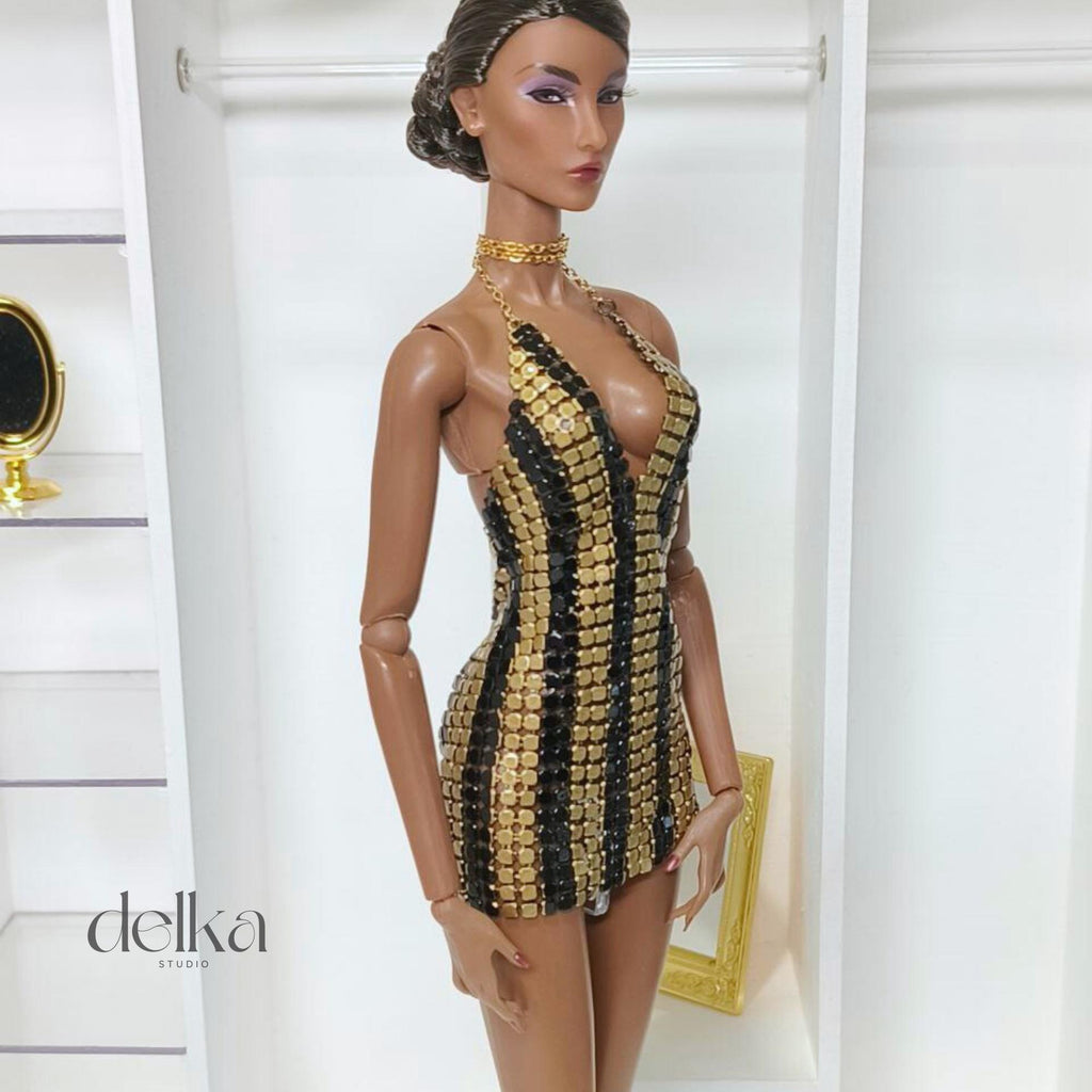 12 inch metallic black and gold dress for Fashion Royalty dolls, 1:6 scale mesh dress for fashion dolls, gift for doll collector