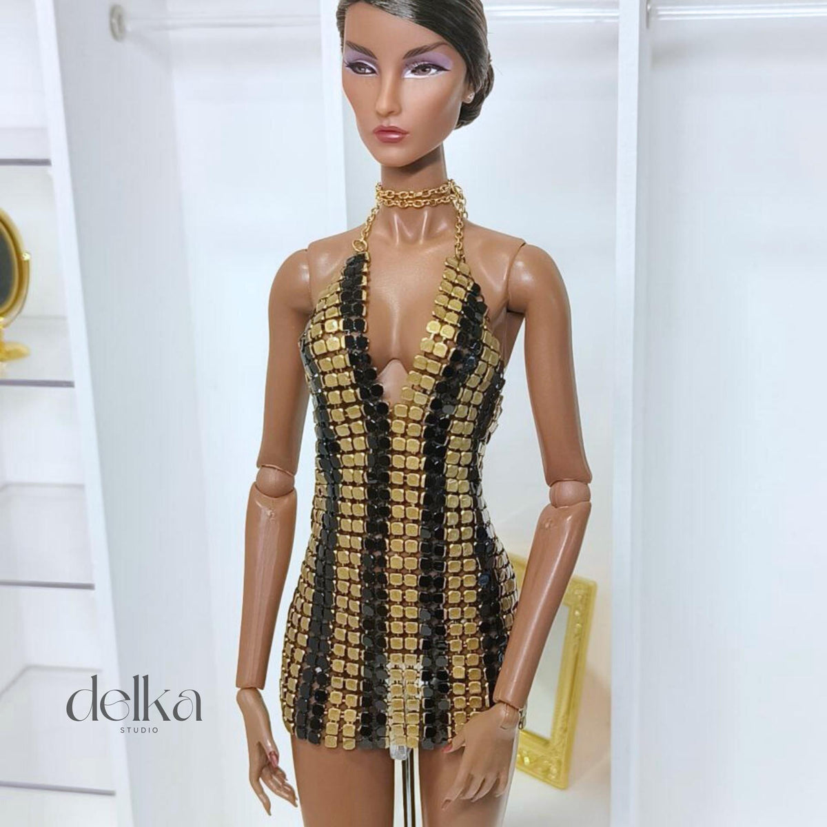 12 inch metallic black and gold dress for Fashion Royalty dolls, 1:6 scale mesh dress for fashion dolls, gift for doll collector