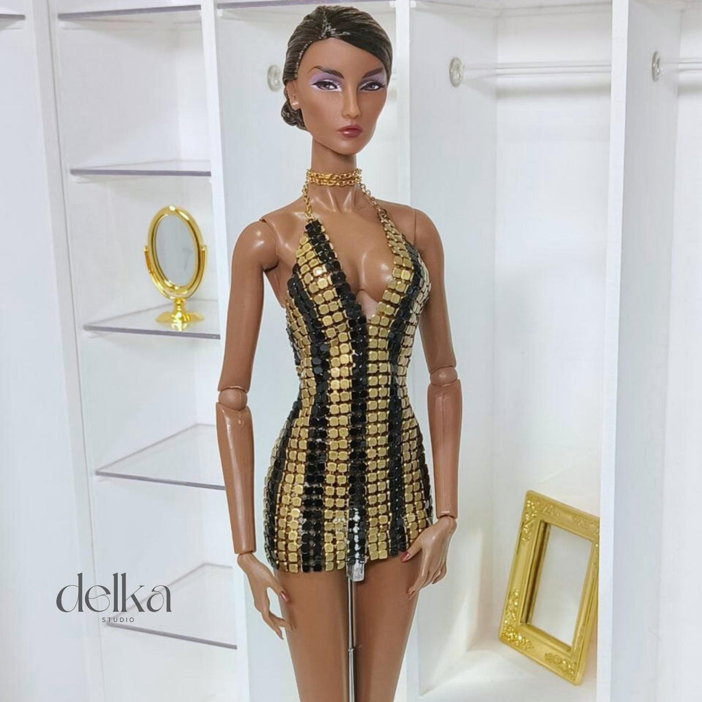 12 inch metallic black and gold dress for Fashion Royalty dolls, 1:6 scale mesh dress for fashion dolls, gift for doll collector