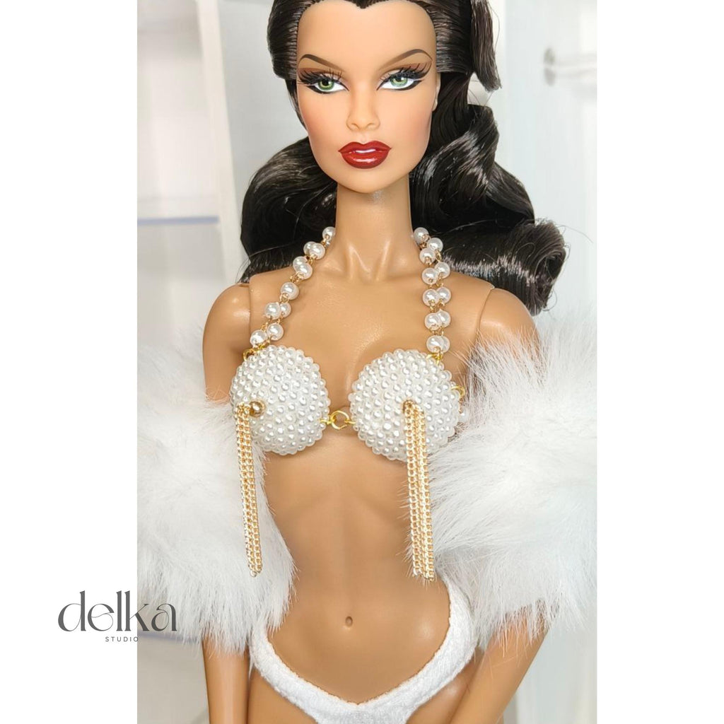 Cabaret Bra Top for 12 inch Fashion Dolls, Pearl & Chain Detail