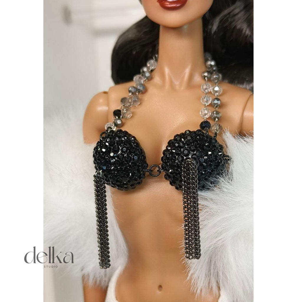 Cabaret Showgirl Burlesque Bra Top for 12 inch Fashion Dolls, Pearl & Chain Detail