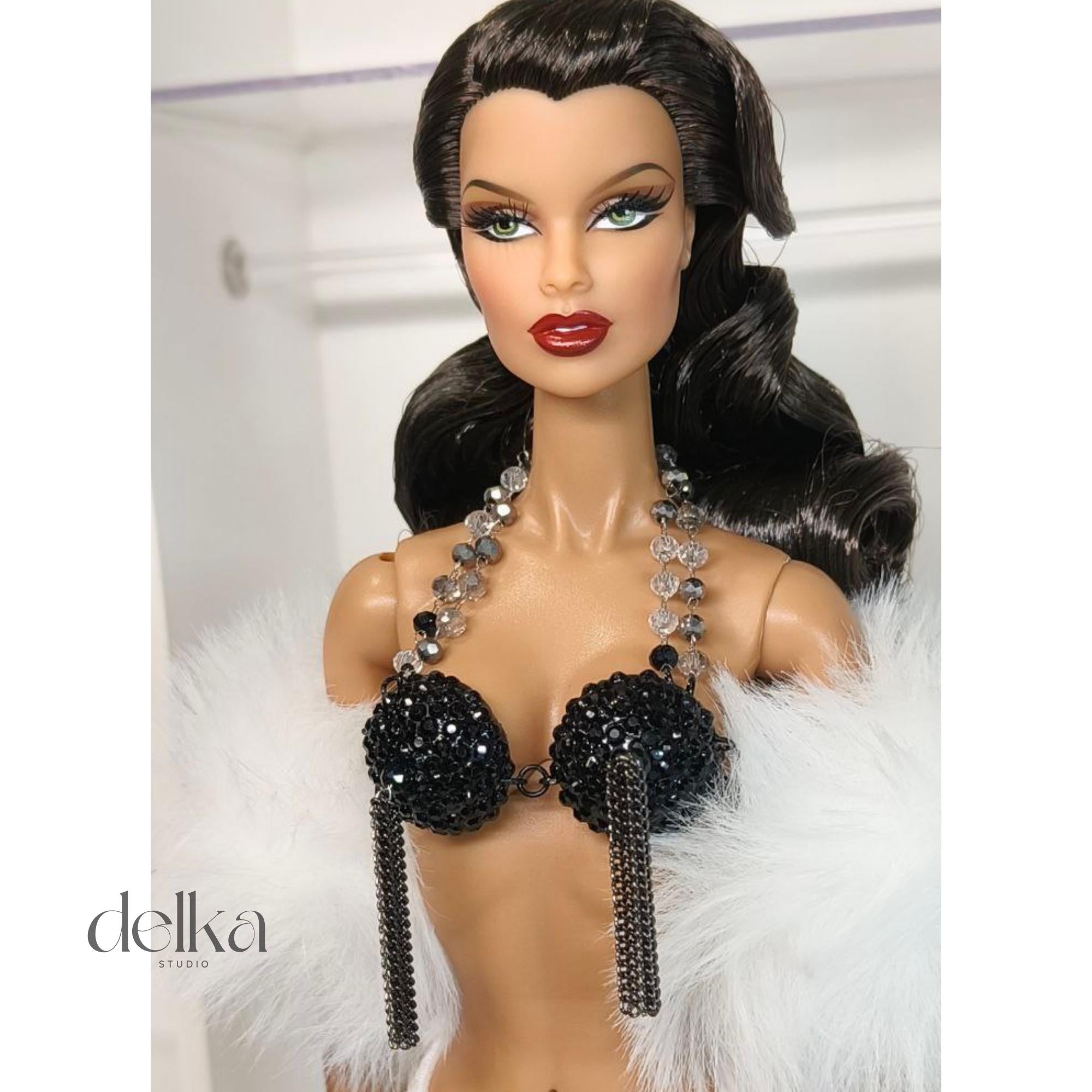 Cabaret Showgirl Burlesque Bra Top for 12 inch Fashion Dolls, Pearl & Chain Detail
