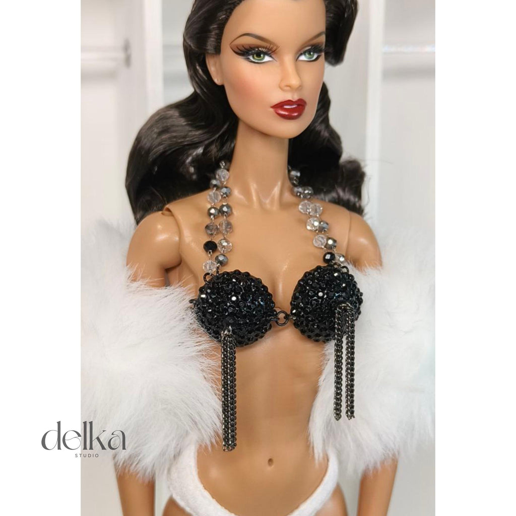 Cabaret Showgirl Burlesque Bra Top for 12 inch Fashion Dolls, Pearl & Chain Detail