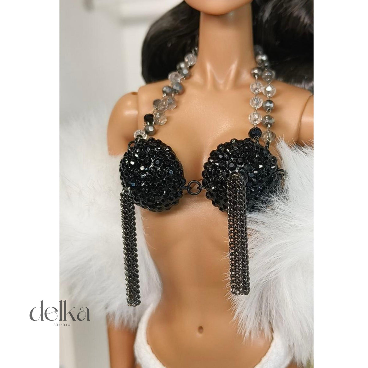 Cabaret Showgirl Burlesque Bra Top for 12 inch Fashion Dolls, Pearl & Chain Detail
