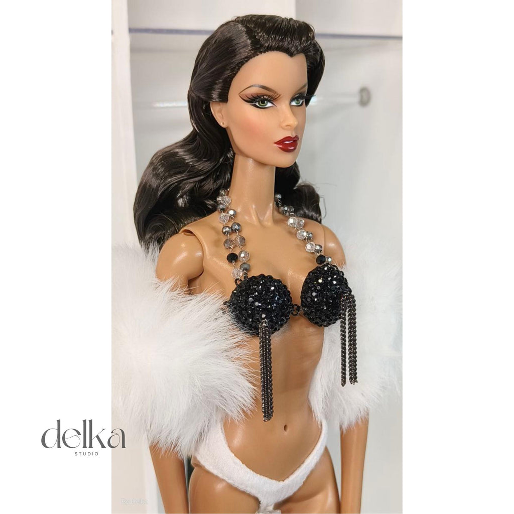 Cabaret Showgirl Burlesque Bra Top for 12 inch Fashion Dolls, Pearl & Chain Detail