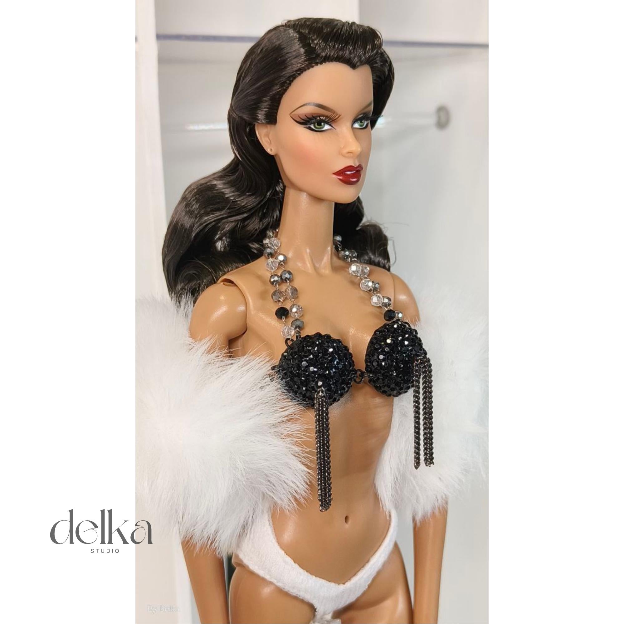 Cabaret Showgirl Burlesque Bra Top for 12 inch Fashion Dolls, Pearl & Chain Detail