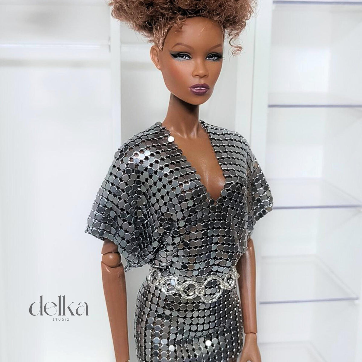 12 inch metallic mesh dress and belt for Fashion Royalty, 1:6 scale mesh dress and belt for fashion dolls