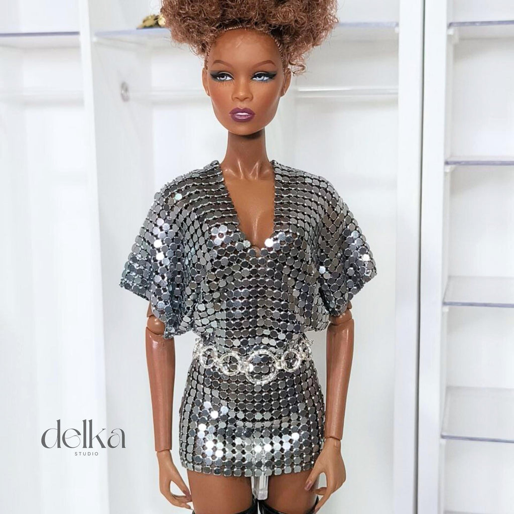 12 inch metallic mesh dress and belt for Fashion Royalty, 1:6 scale mesh dress and belt for fashion dolls