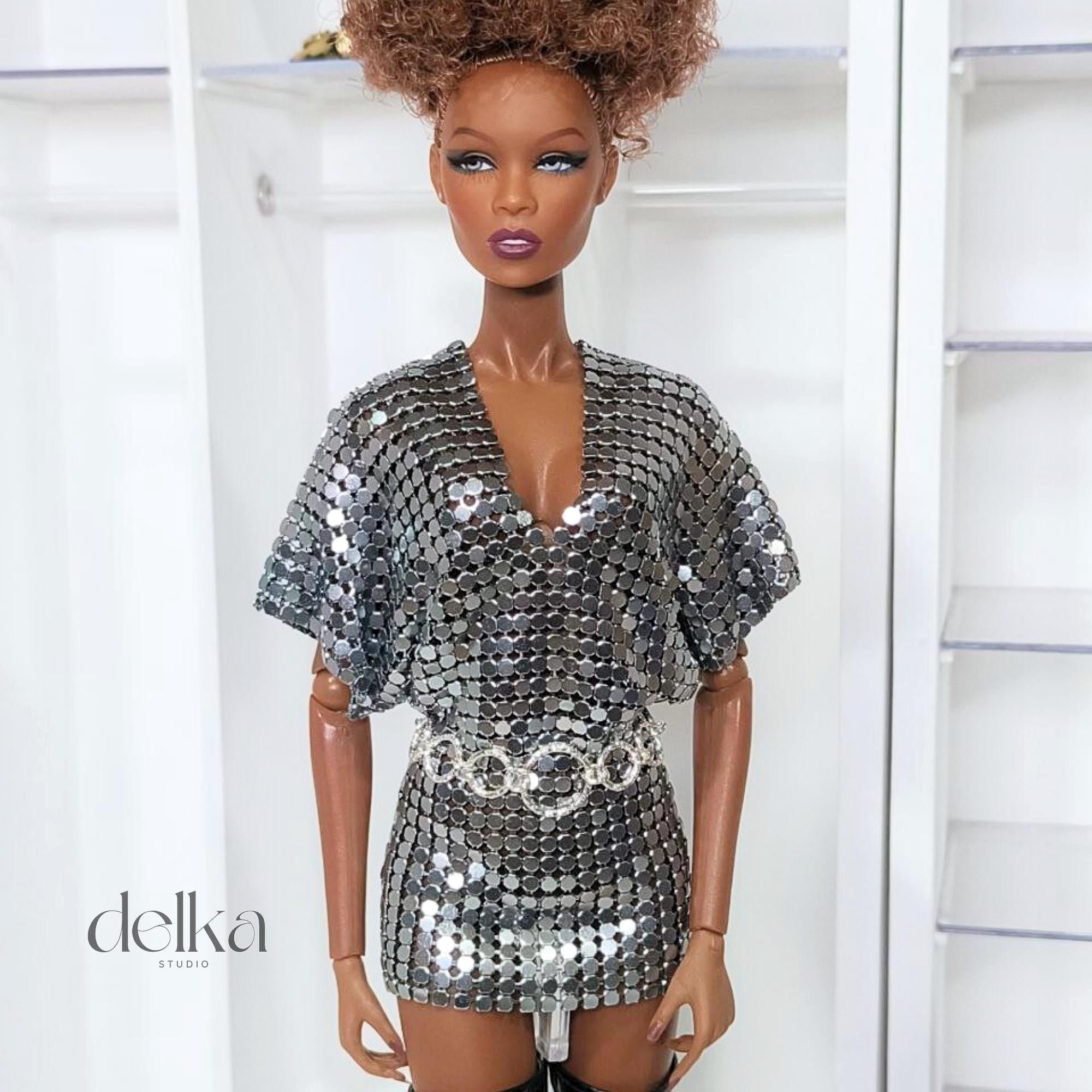 12 inch metallic mesh dress and belt for Fashion Royalty, 1:6 scale mesh dress and belt for fashion dolls