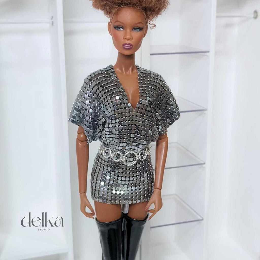12 inch metallic mesh dress and belt for Fashion Royalty, 1:6 scale mesh dress and belt for fashion dolls