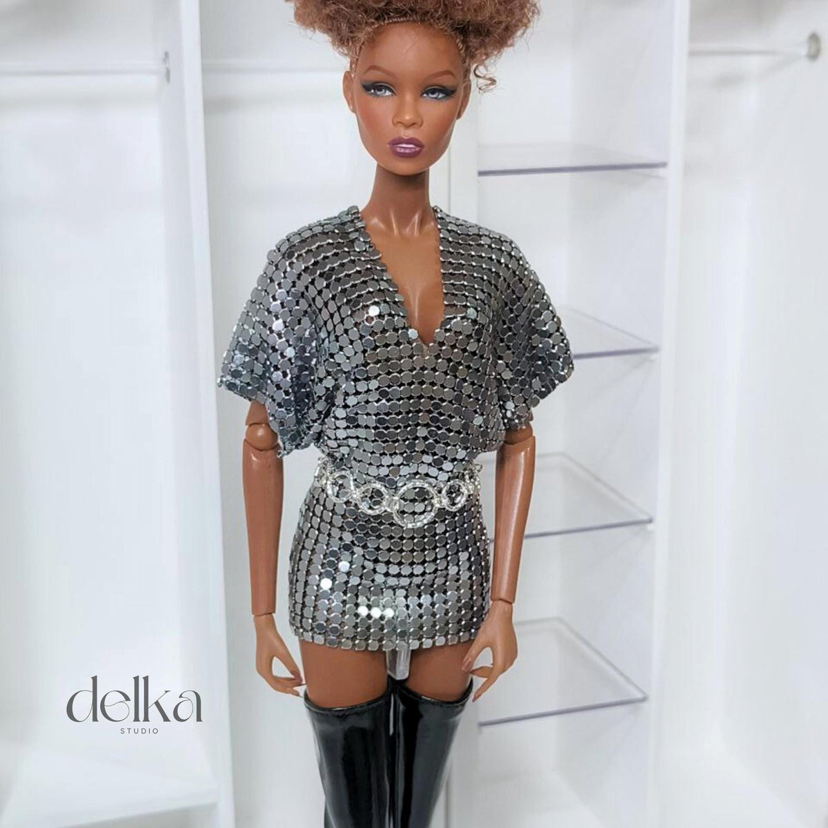 12 inch metallic mesh dress and belt for Fashion Royalty, 1:6 scale mesh dress and belt for fashion dolls