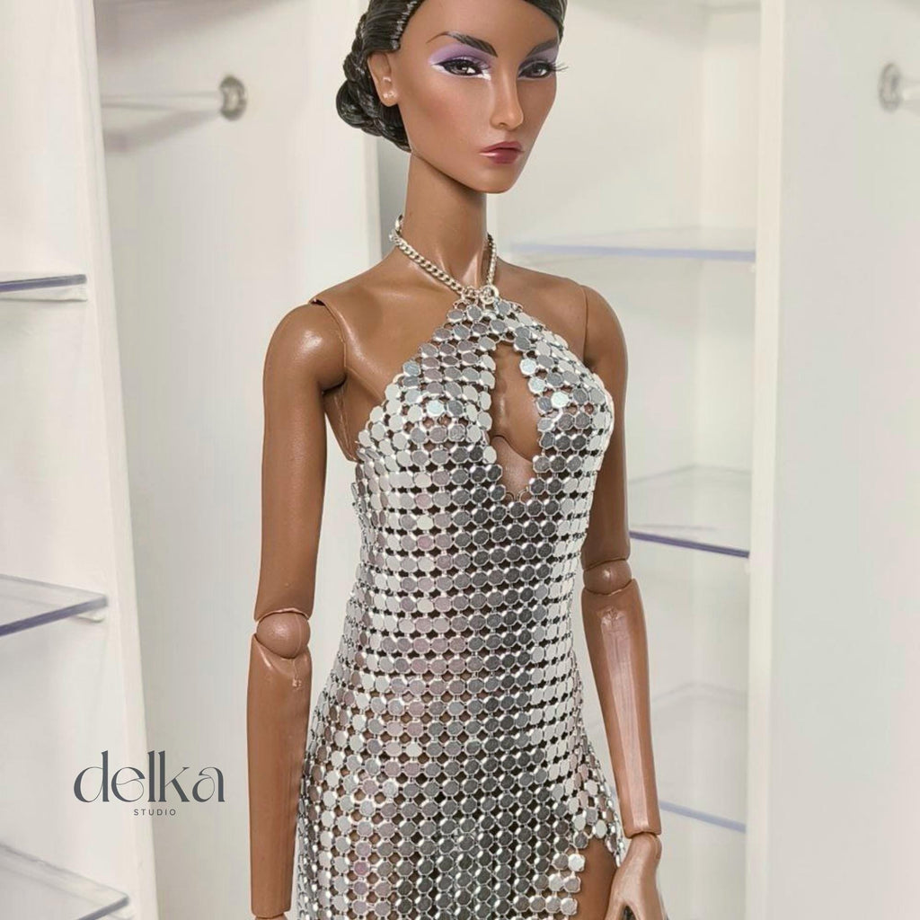 Silver Metallic Mesh Gown for 12-inch Fashion Dolls, 1:6 Scale