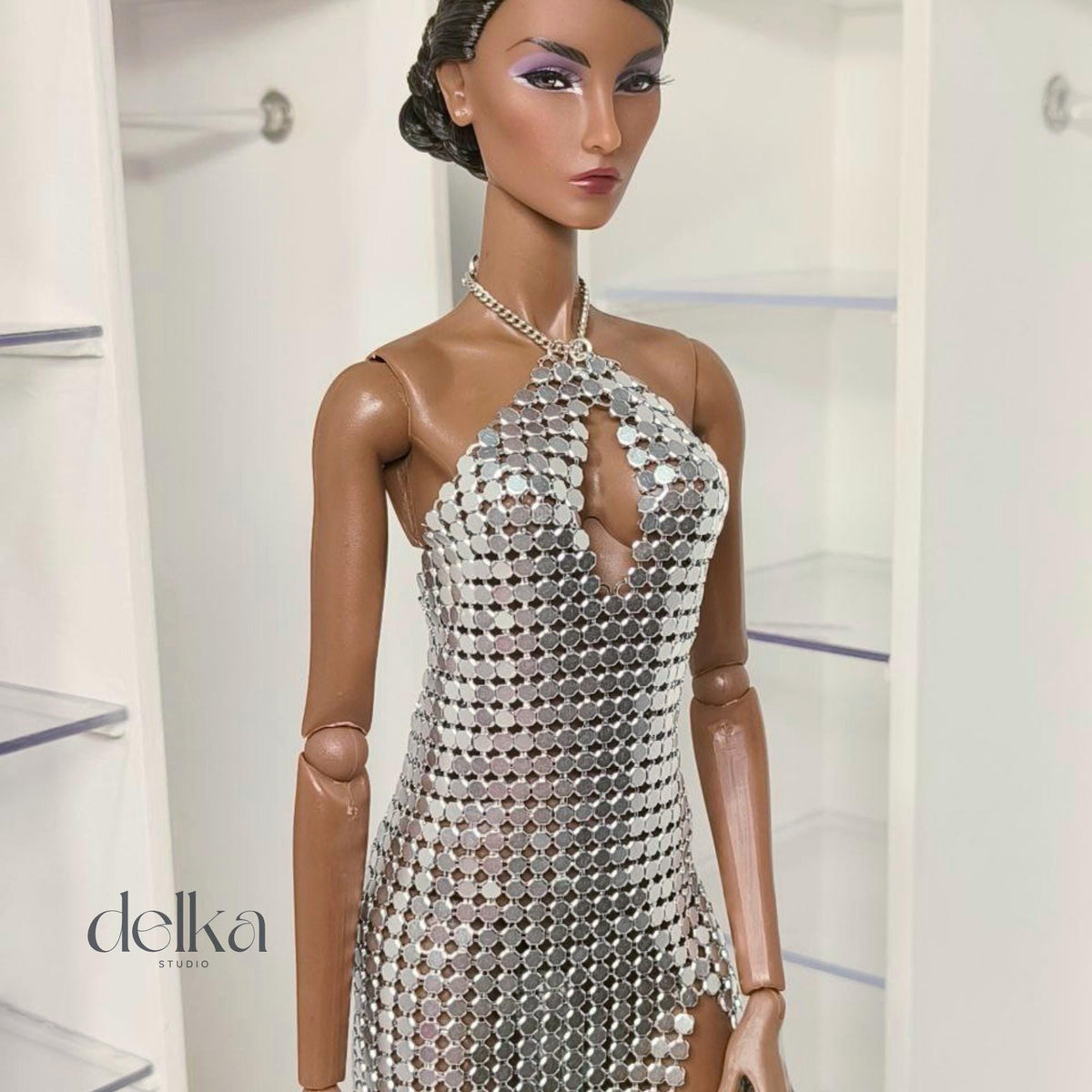 Silver Metallic Mesh Gown for 12-inch Fashion Dolls, 1:6 Scale