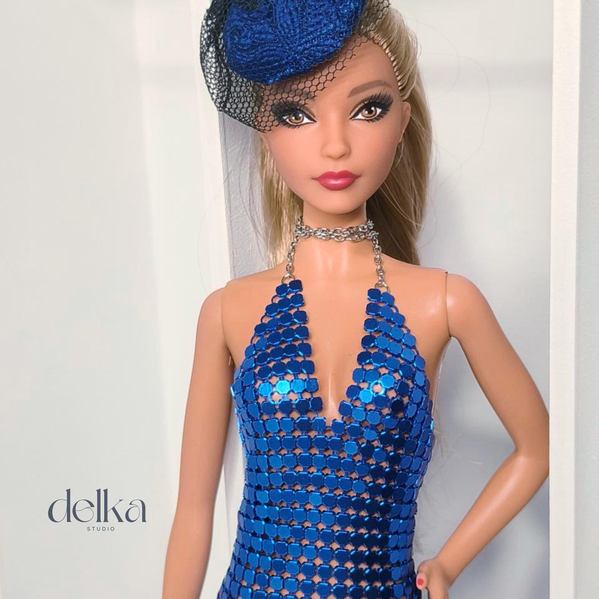 Blue Metallic Mesh Dress for Barbie, 1:6 Scale Fashion Doll