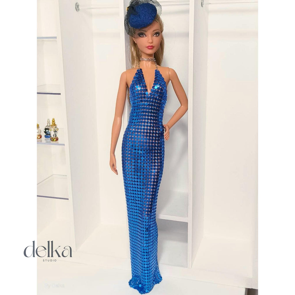 Blue Metallic Mesh Dress for Barbie, 1:6 Scale Fashion Doll