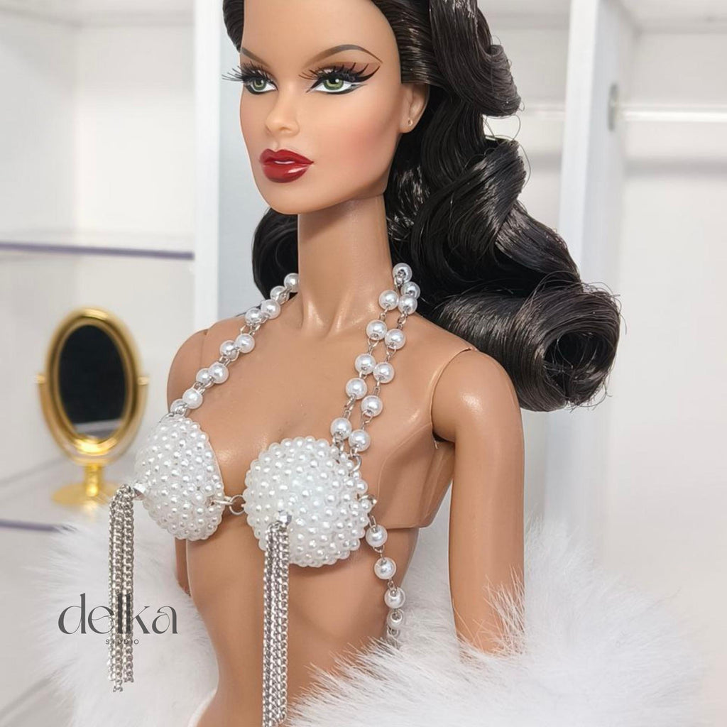 Cabaret Bra Top for 12 inch Fashion Dolls, Pearl & Chain Detail