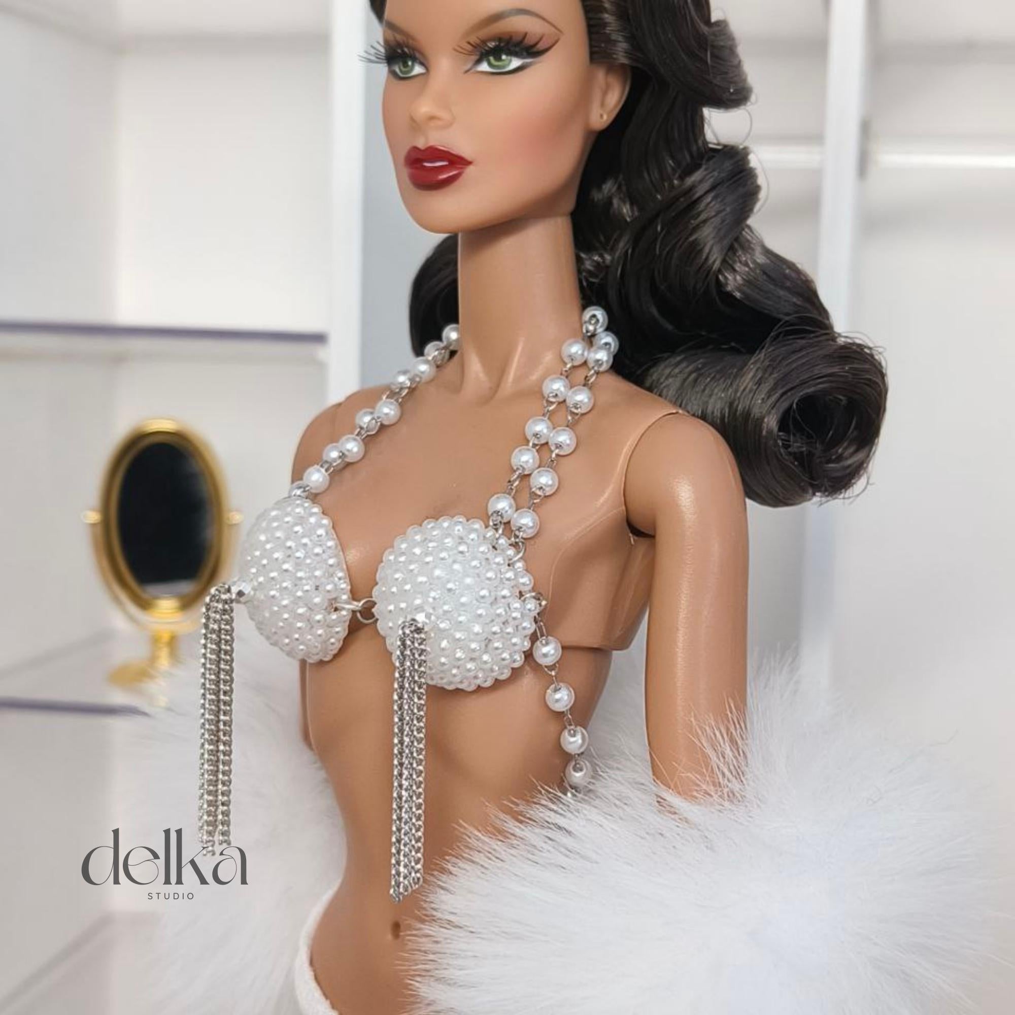 Cabaret Bra Top for 12 inch Fashion Dolls, Pearl & Chain Detail