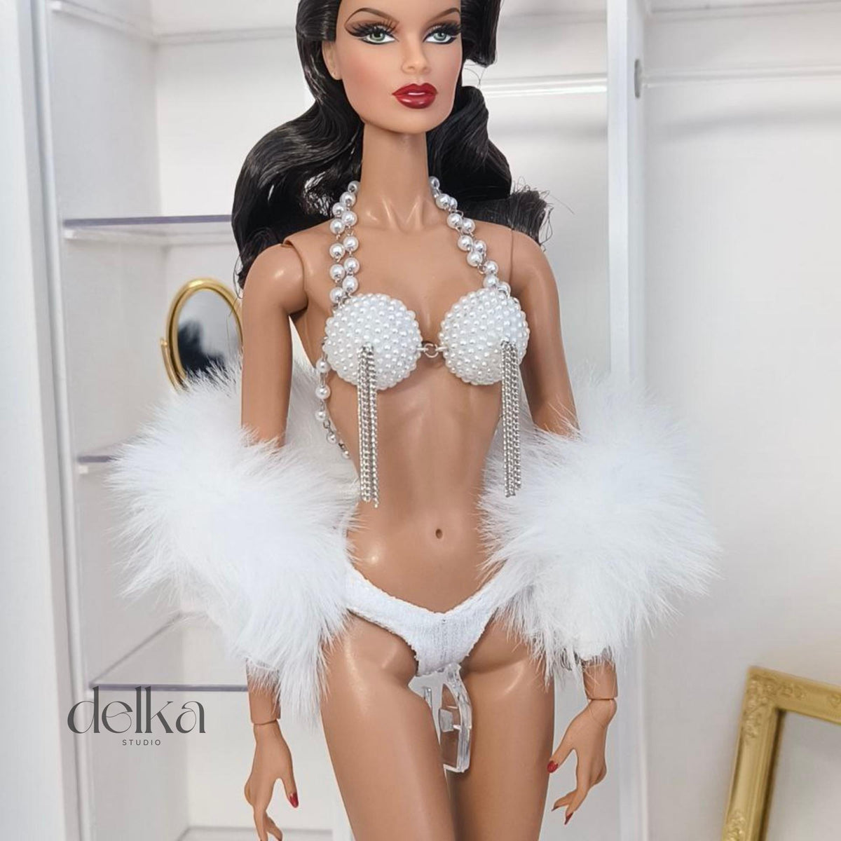 Cabaret Bra Top for 12 inch Fashion Dolls, Pearl & Chain Detail