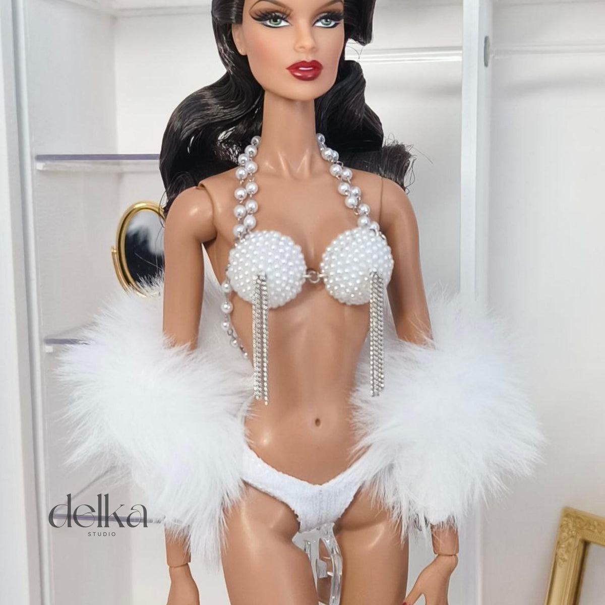 Cabaret Bra Top for 12 inch Fashion Dolls, Pearl & Chain Detail