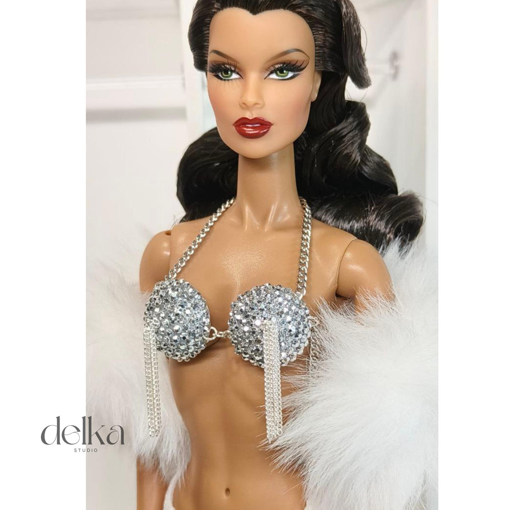 Cabaret Showgirl Burlesque Bra Top for 12 inch Fashion Dolls, Pearl & Chain Detail