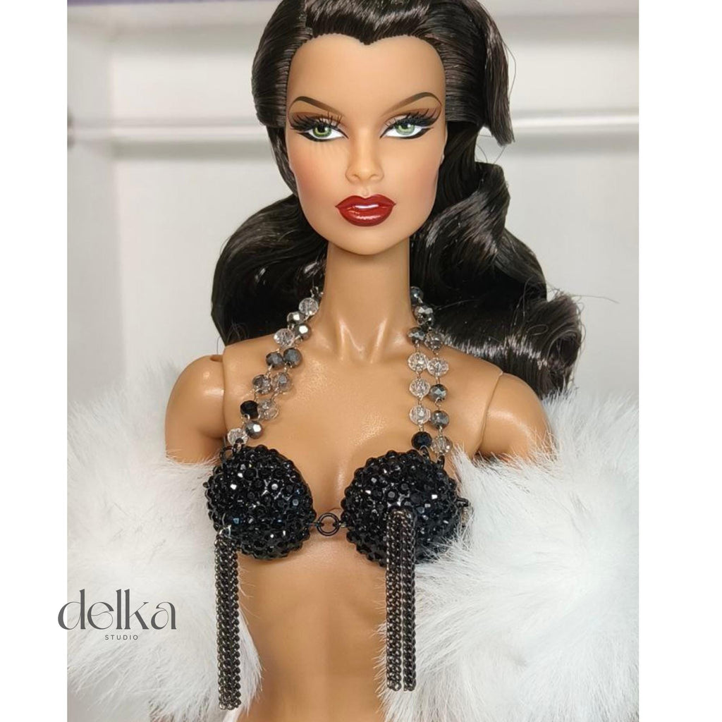 Cabaret Showgirl Burlesque Bra Top for 12 inch Fashion Dolls, Pearl & Chain Detail