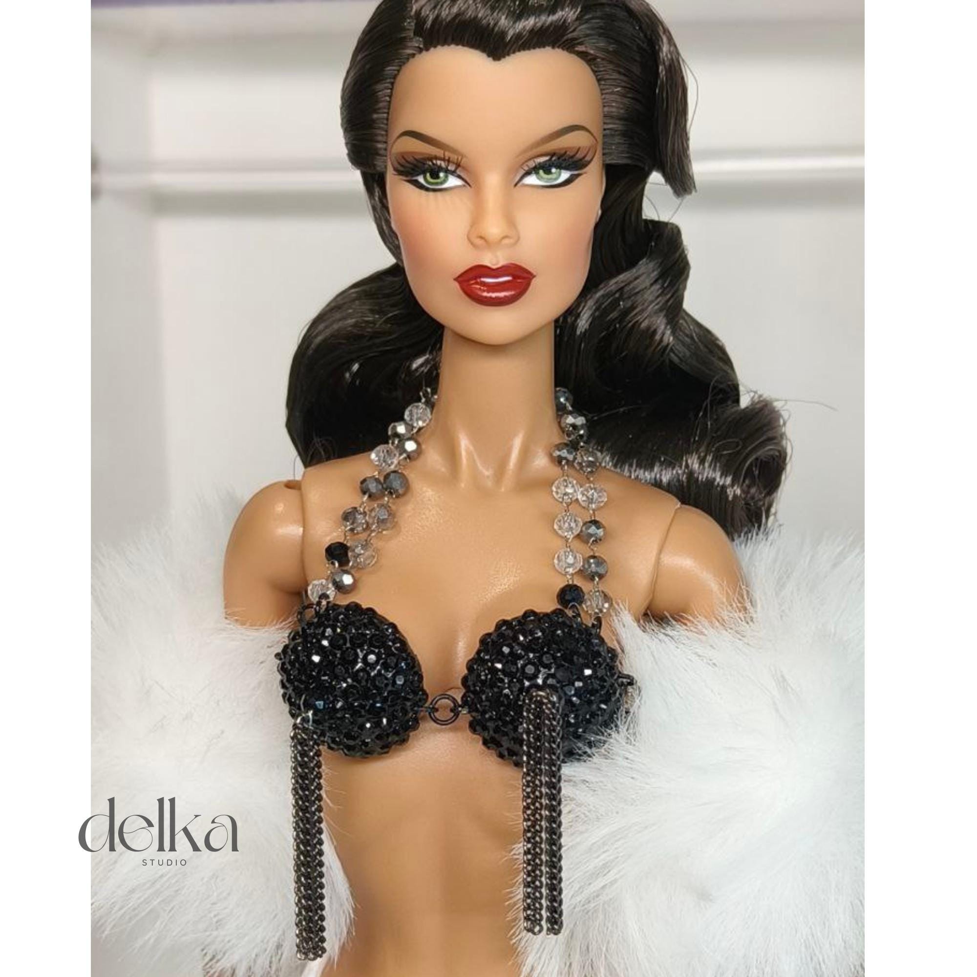 Cabaret Showgirl Burlesque Bra Top for 12 inch Fashion Dolls, Pearl & Chain Detail