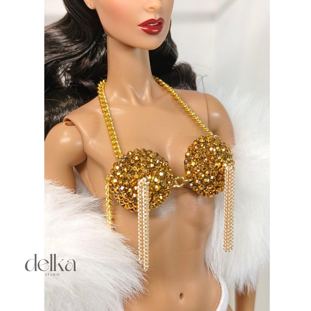 Cabaret Showgirl Burlesque Bra Top for 12 inch Fashion Dolls, Pearl & Chain Detail