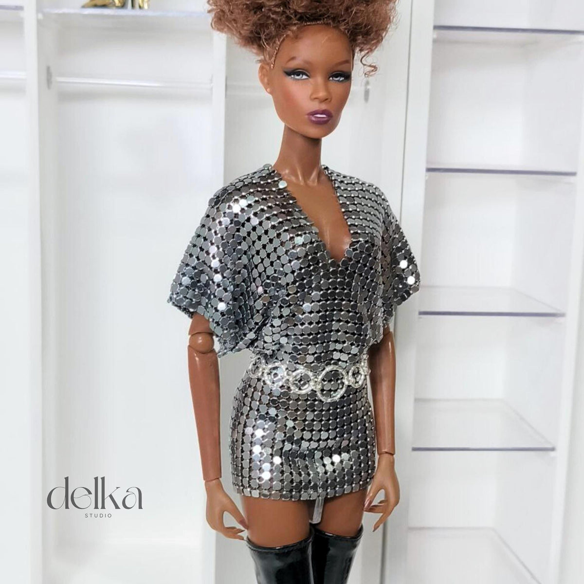 12 inch metallic mesh dress and belt for Fashion Royalty, 1:6 scale mesh dress and belt for fashion dolls