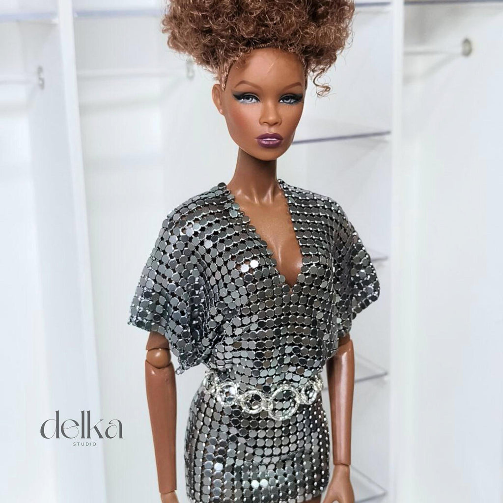 12 inch metallic mesh dress and belt for Fashion Royalty, 1:6 scale mesh dress and belt for fashion dolls