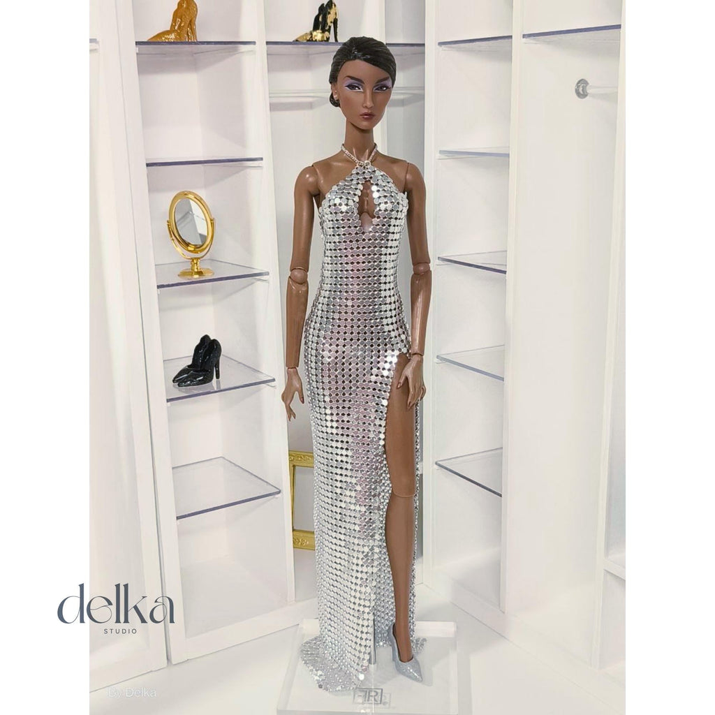 Silver Metallic Mesh Gown for 12-inch Fashion Dolls, 1:6 Scale