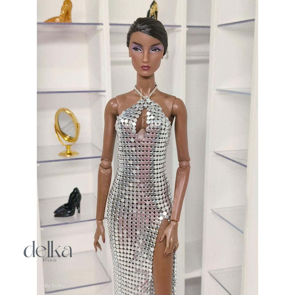 Silver Metallic Mesh Gown for 12-inch Fashion Dolls, 1:6 Scale