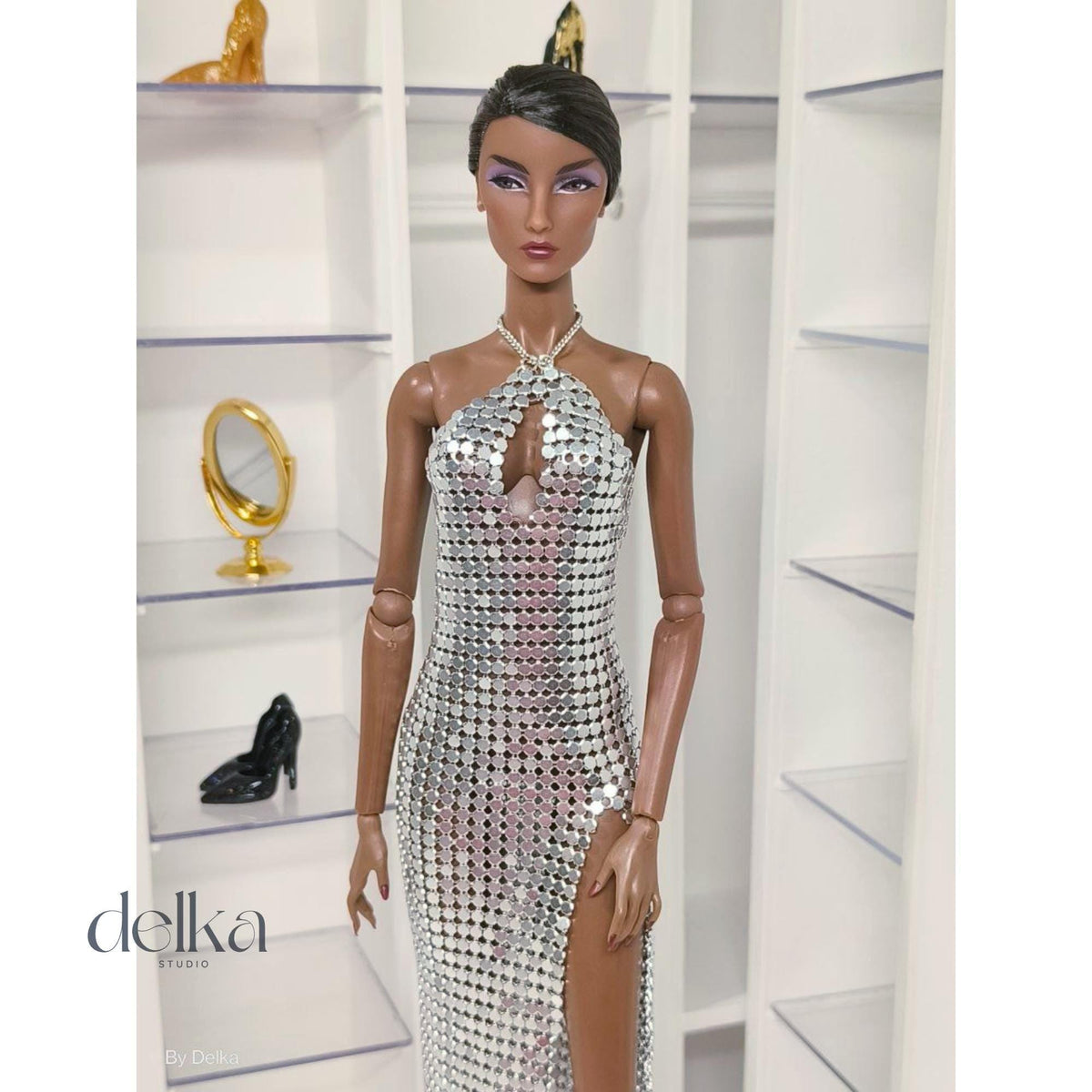 Silver Metallic Mesh Gown for 12-inch Fashion Dolls, 1:6 Scale
