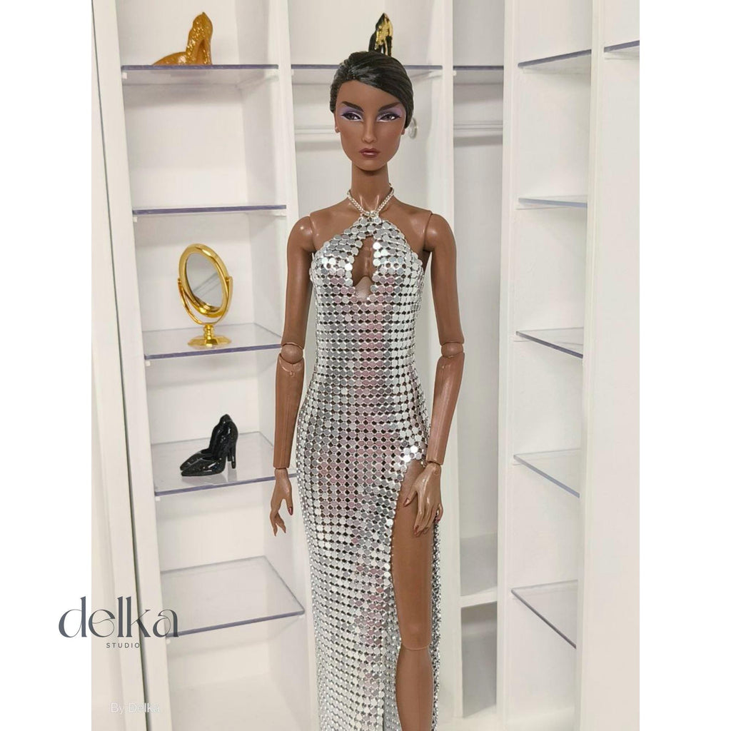 Silver Metallic Mesh Gown for 12-inch Fashion Dolls, 1:6 Scale
