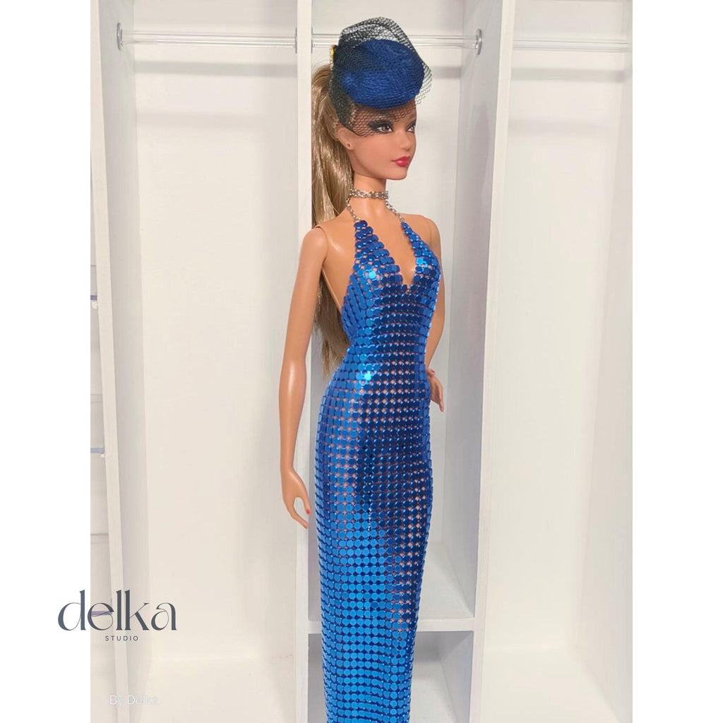 Blue Metallic Mesh Dress for Barbie, 1:6 Scale Fashion Doll