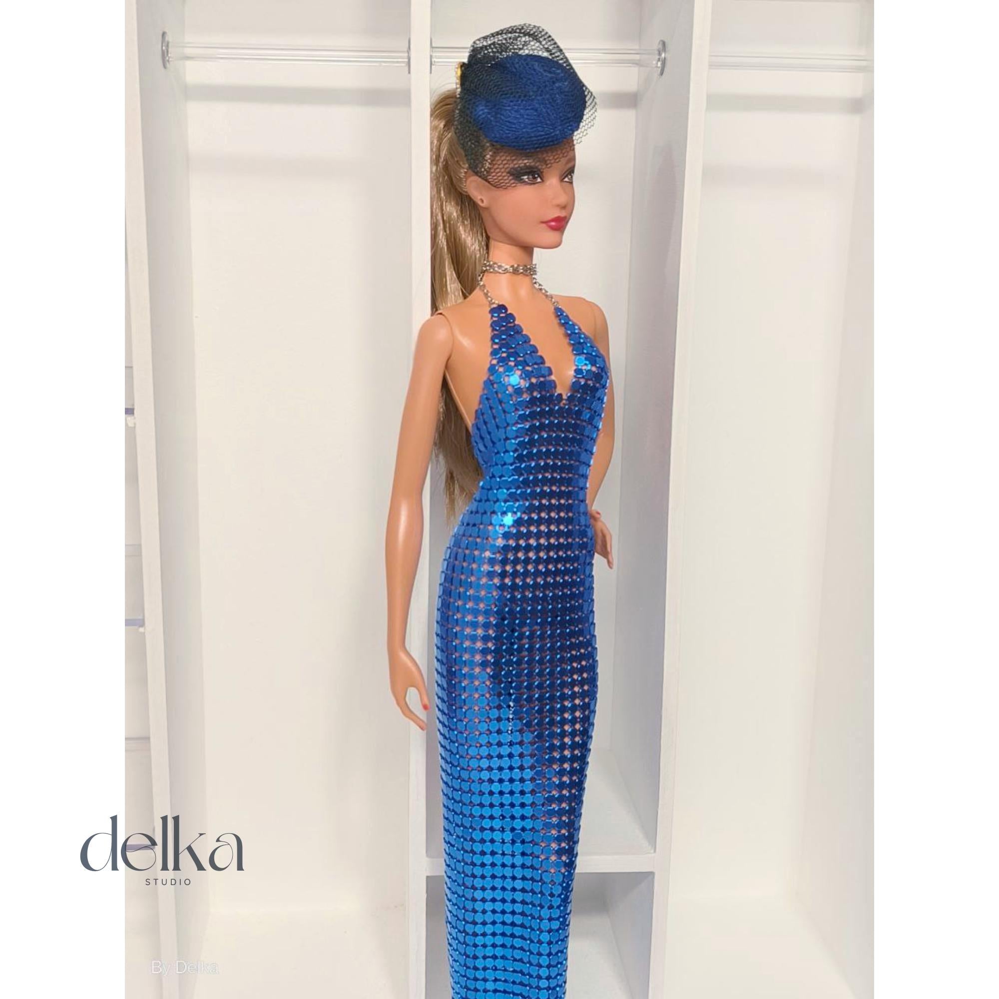 Blue Metallic Mesh Dress for Barbie, 1:6 Scale Fashion Doll