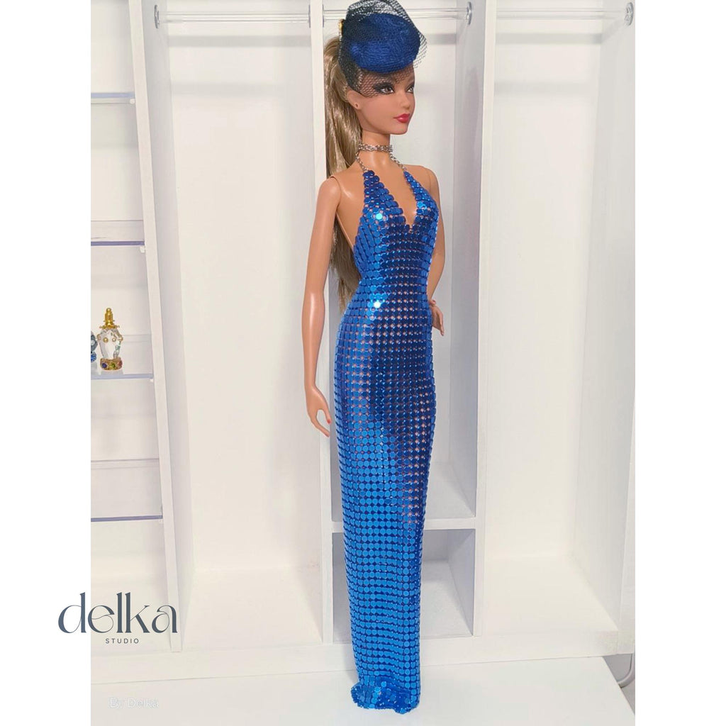 Blue Metallic Mesh Dress for Barbie, 1:6 Scale Fashion Doll