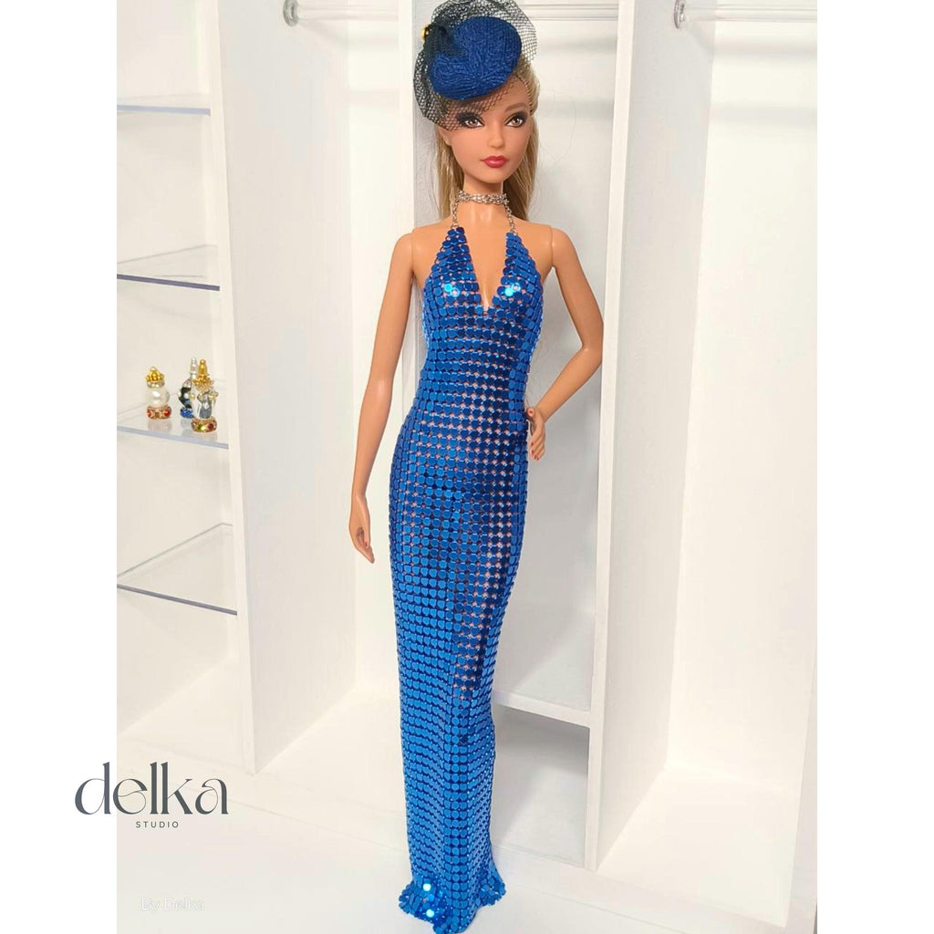 Blue Metallic Mesh Dress for Barbie, 1:6 Scale Fashion Doll
