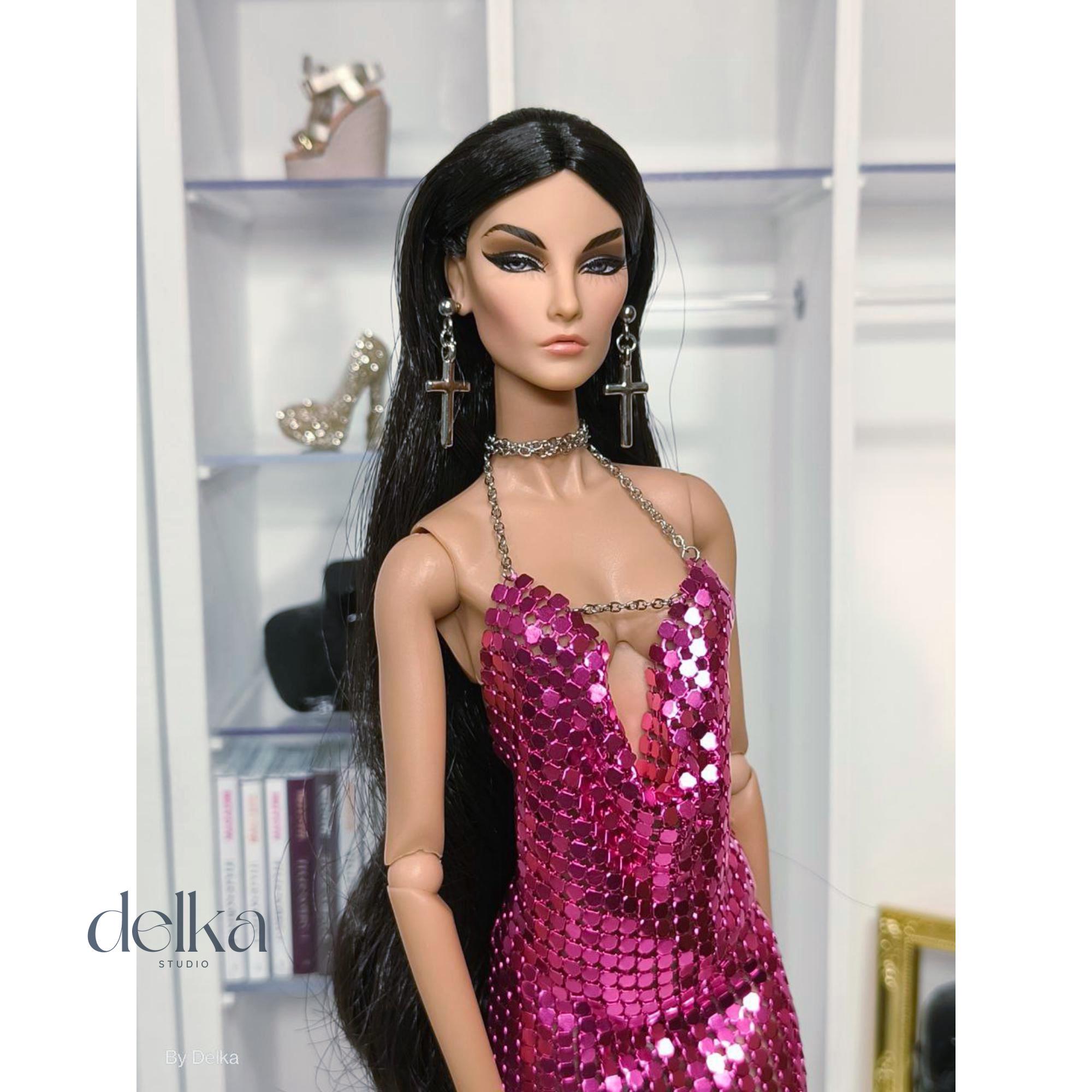 Metallic dress with a loose neckline for Fashion Dolls, 1/6 Scale Fashion Royalty dress