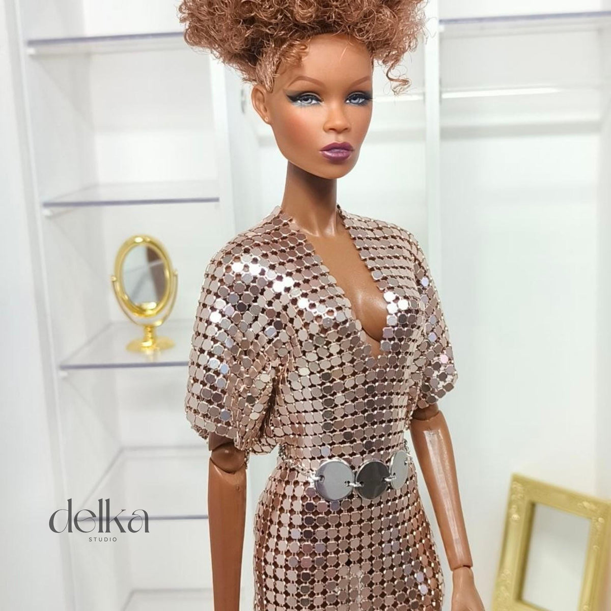 Metallic mesh dress and belt for Fashion Dolls, outfit for 12 inch scale dolls