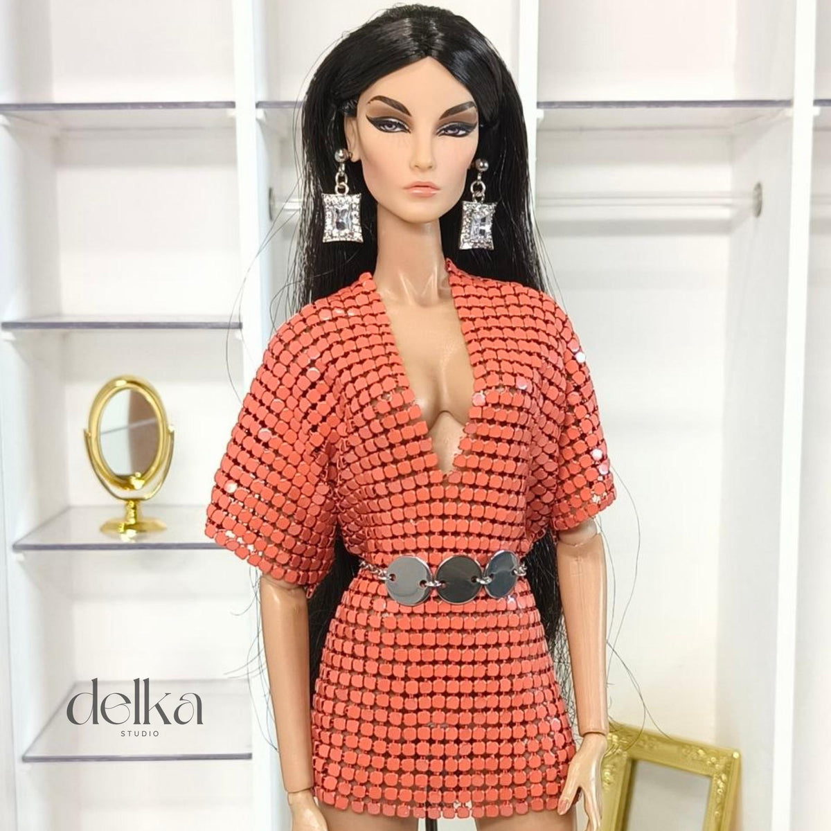 Metallic mesh dress and belt for Fashion Dolls, outfit for 12 inch scale dolls