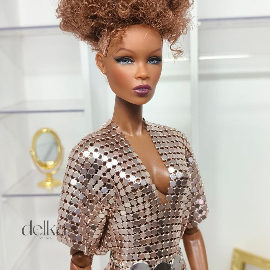 Metallic mesh dress and belt for Fashion Dolls, outfit for 12 inch scale dolls