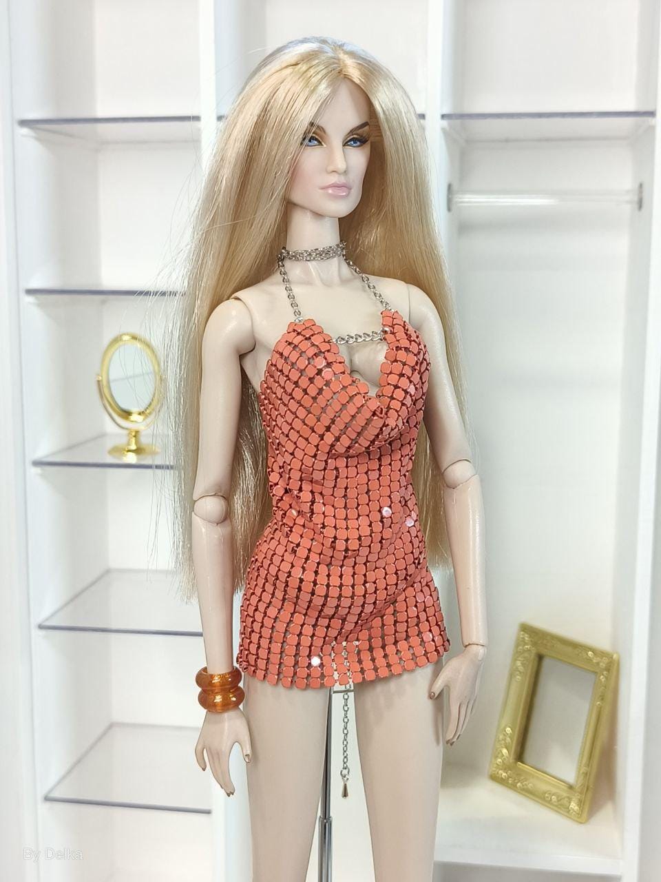 Metallic dress with a loose neckline for Fashion Dolls, 1/6 Scale Fashion Royalty dress