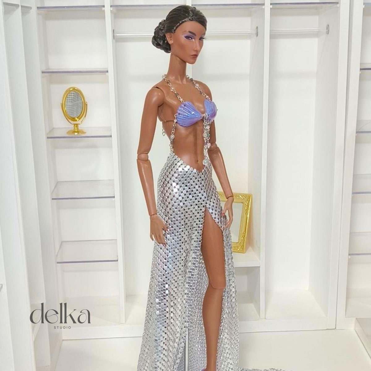 Mermaid top and metallic mesh skirt for 1/6-scale fashion dolls