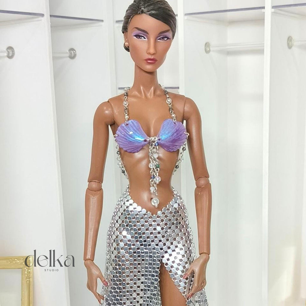 Mermaid top and metallic mesh skirt for 1/6-scale fashion dolls
